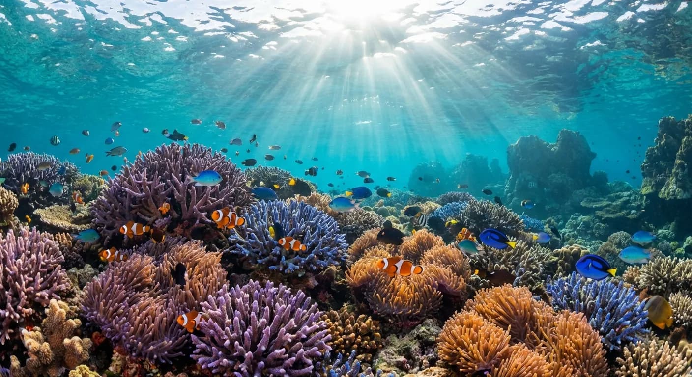 Terumbu karang Indonesia dengan ikan kecil di air tropis yang jernih